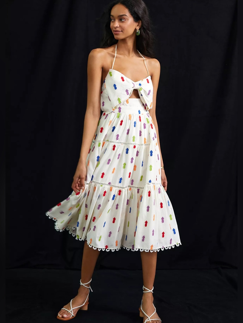NWT Farm Rio Tropical Pineapple Midi Dress L XL Embroidered Fruit Scallop Trim